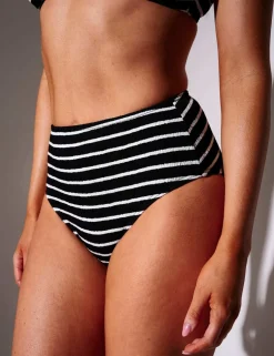 Crinkle Striped High Waisted Bikini Bottoms