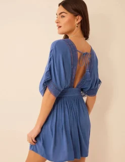 Crochet V-Neck Mini Kaftan Dress
