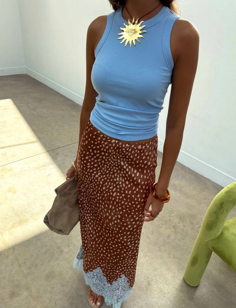 Deer Print Lace Detail Midaxi Slip Skirt
