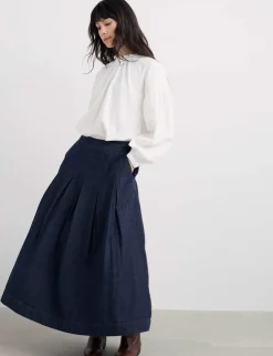 Denim A-Line Midi Skirt with Linen
