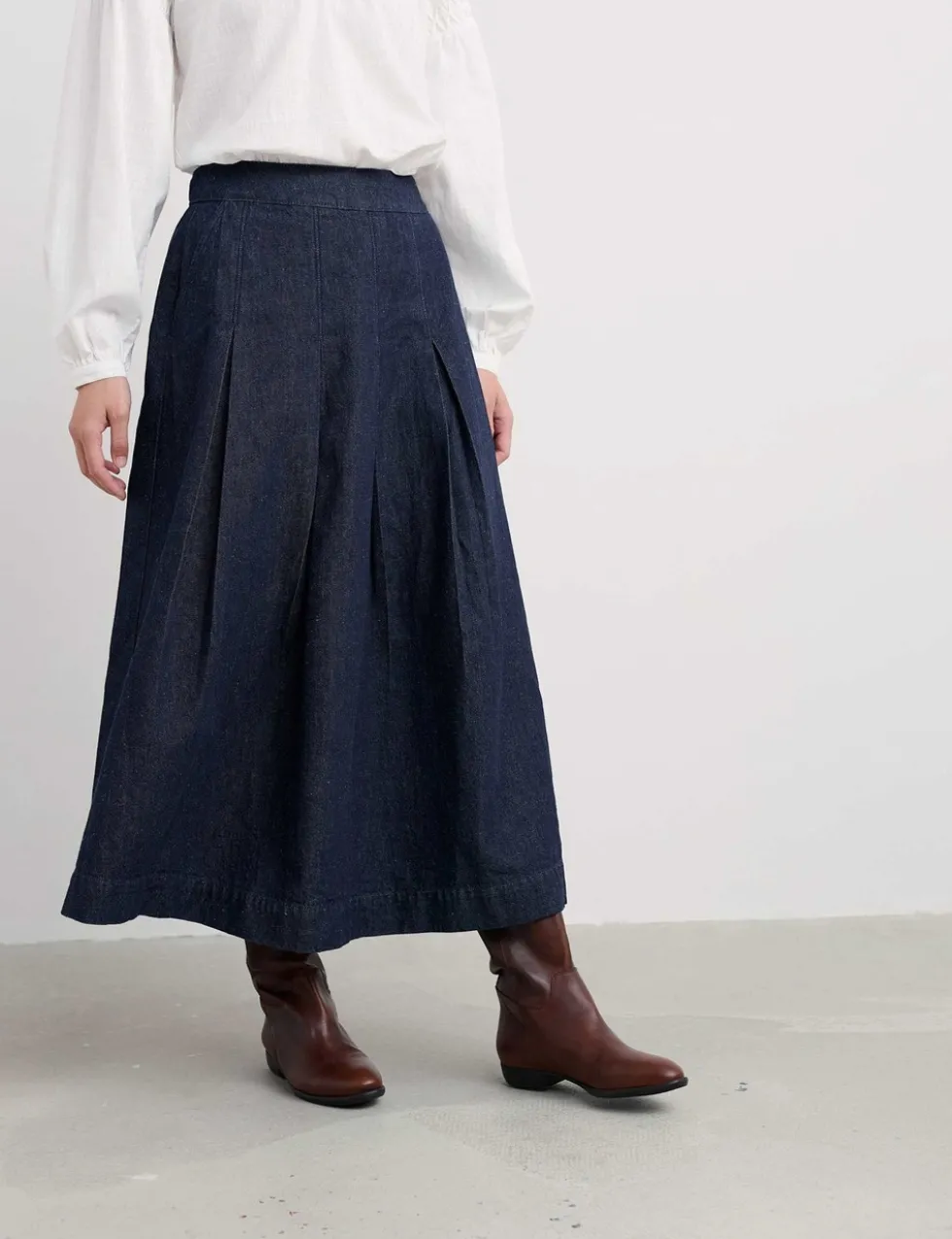 Denim A-Line Midi Skirt with Linen