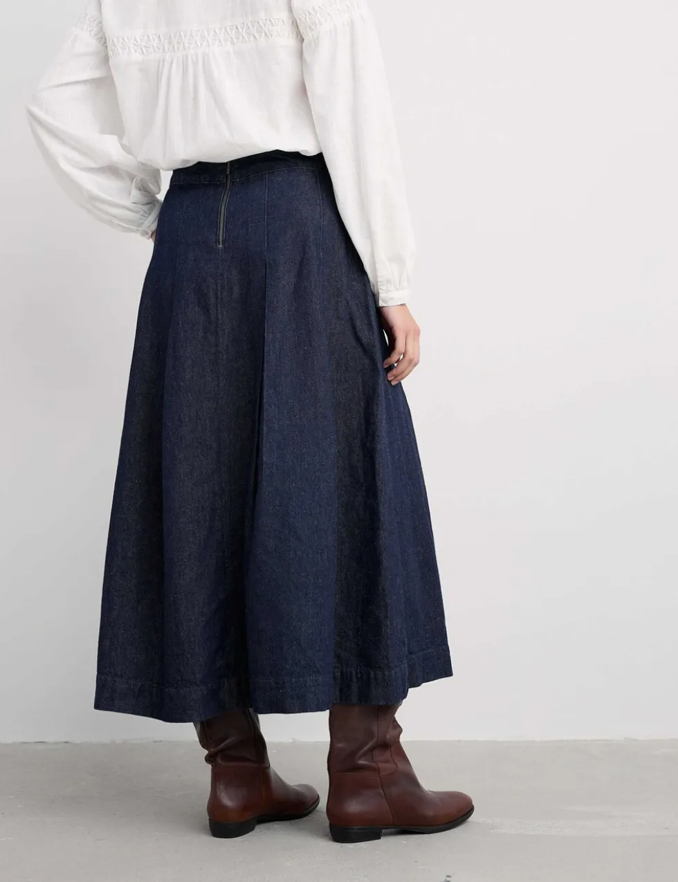 Denim A-Line Midi Skirt with Linen