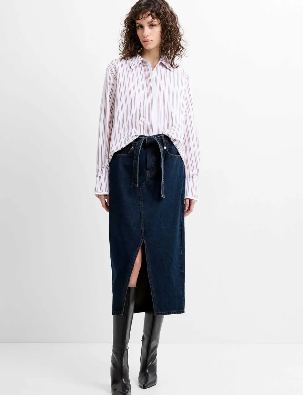 Denim Belted Midi Skirt