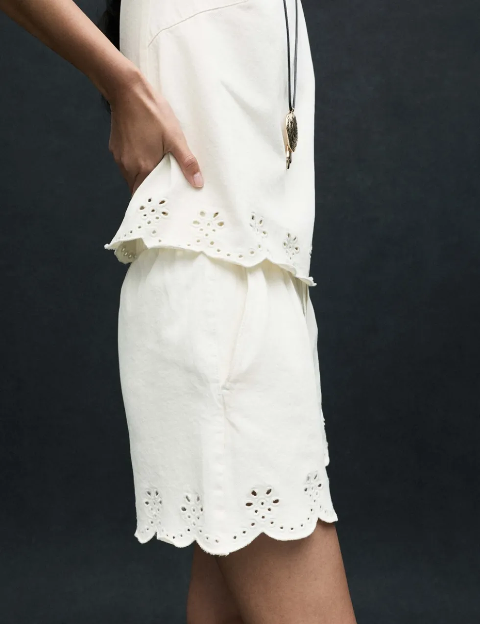 Denim Broderie Pull On High Waisted Shorts