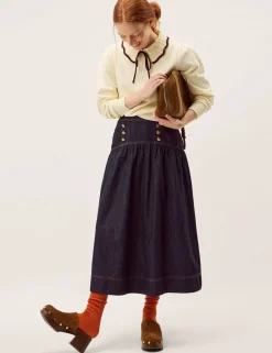 Denim Button Detail Midi Skirt