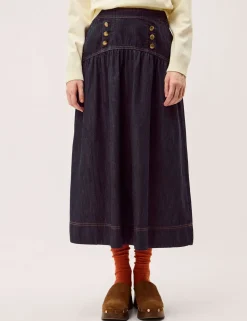 Denim Button Detail Midi Skirt