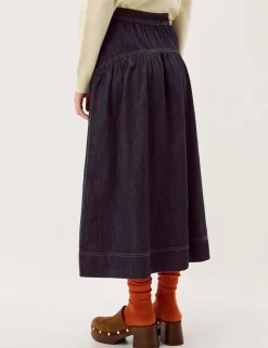 Denim Button Detail Midi Skirt