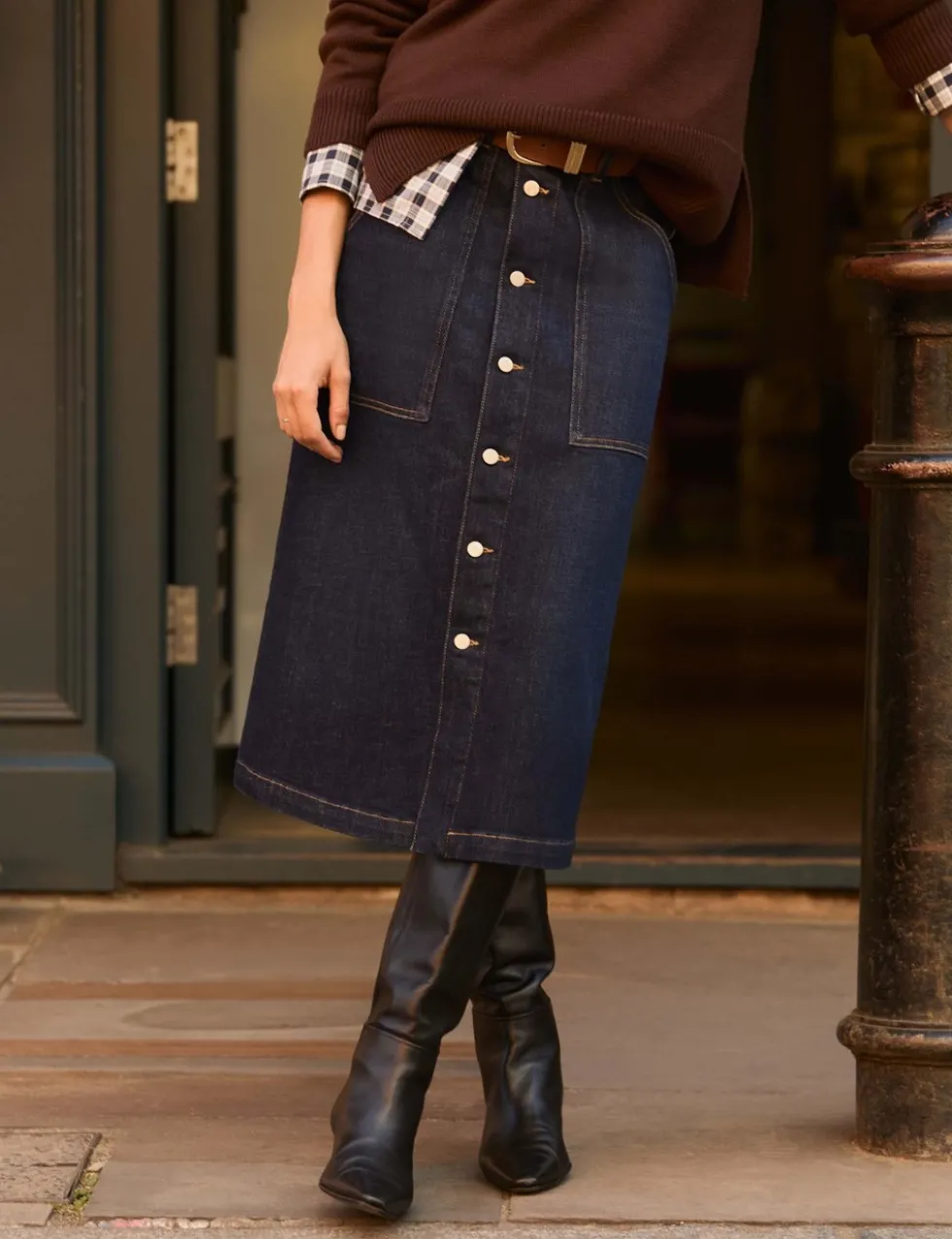 Denim Button Front Midi Skirt