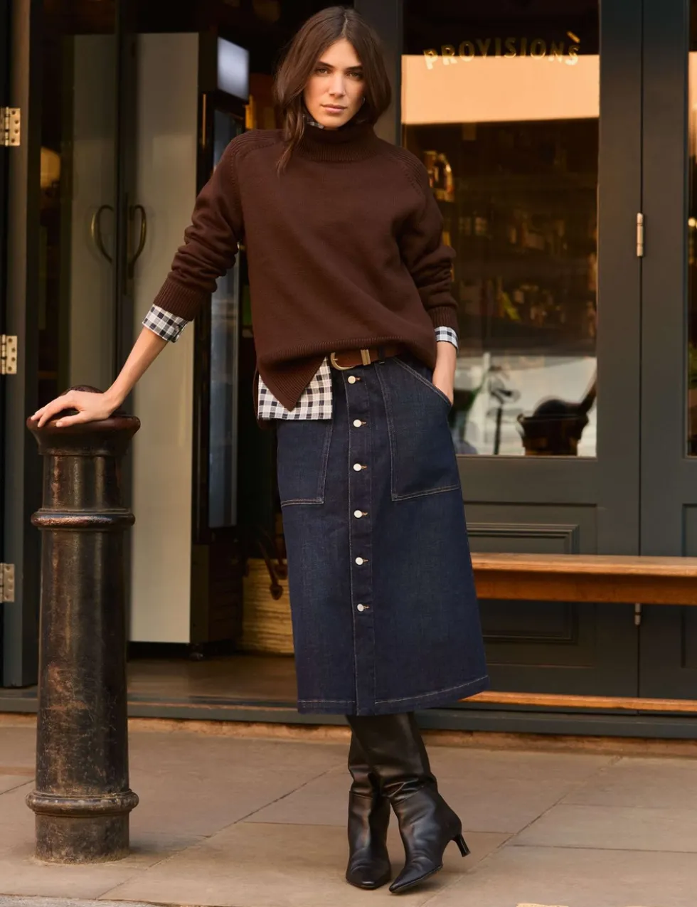 Denim Button Front Midi Skirt