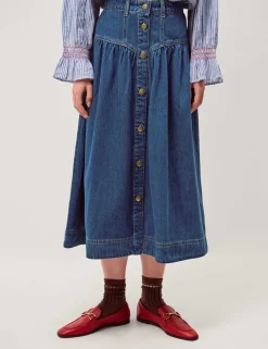 Denim Button Front Midi Skirt