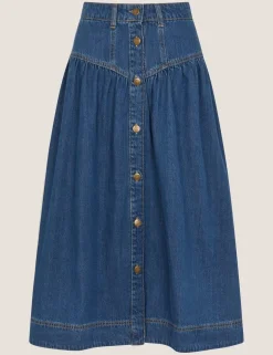 Denim Button Front Midi Skirt
