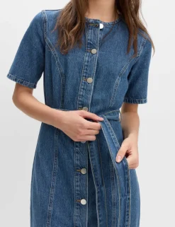 Denim Button Through Midi Waisted Dress