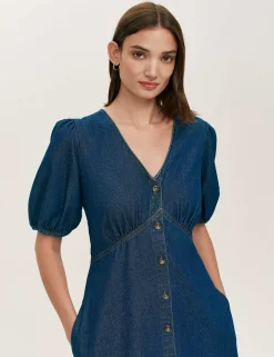 Denim Button Through Midi Tiered Dress