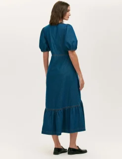 Denim Button Through Midi Tiered Dress