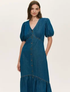 Denim Button Through Midi Tiered Dress