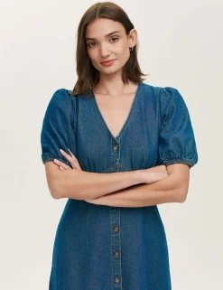Denim Button Through Midi Tiered Dress