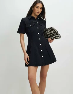 Denim Collared Pleat Front Mini Shirt Dress