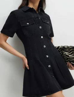 Denim Collared Pleat Front Mini Shirt Dress