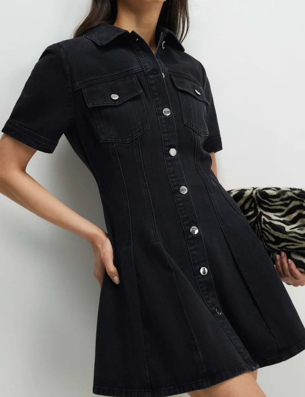 Denim Collared Pleat Front Mini Shirt Dress