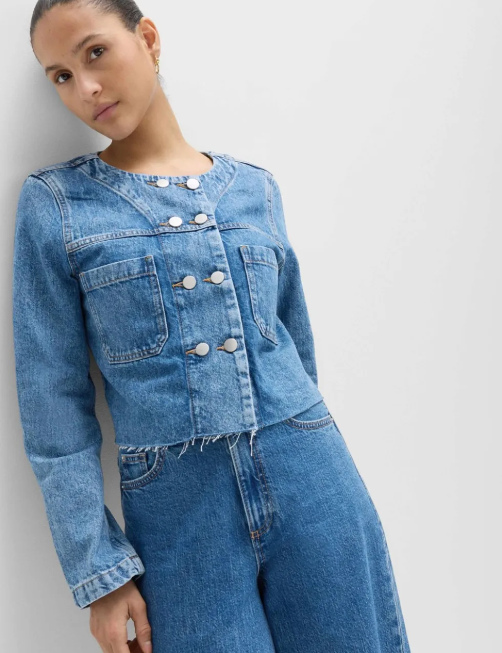 Denim Collarless Double-Breasted Cropped Jacket