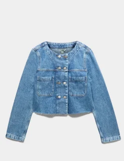 Denim Collarless Double-Breasted Cropped Jacket