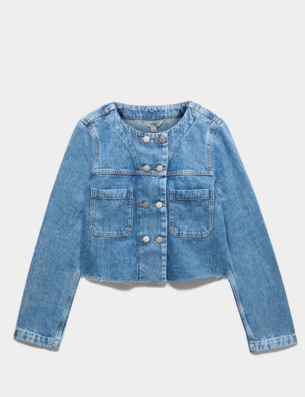 Denim Collarless Double-Breasted Cropped Jacket