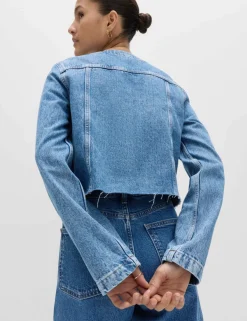 Denim Collarless Double-Breasted Cropped Jacket