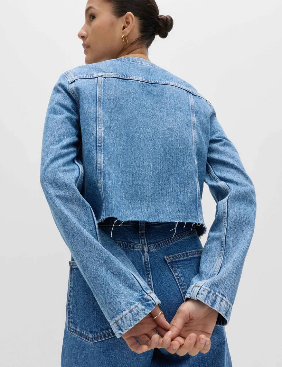Denim Collarless Double-Breasted Cropped Jacket