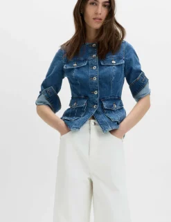 Denim Collarless Fitted Utility Jacket