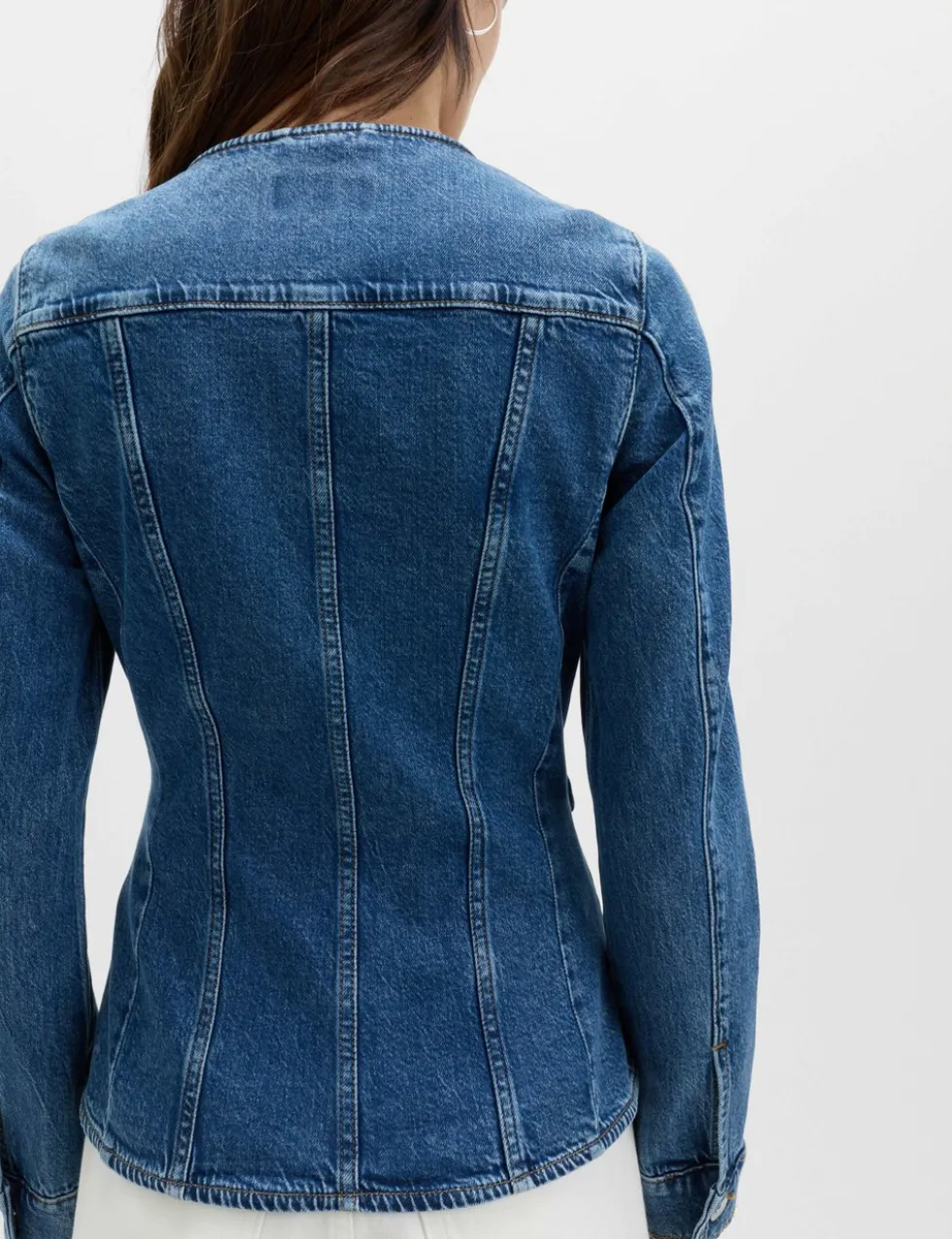 Denim Collarless Fitted Utility Jacket