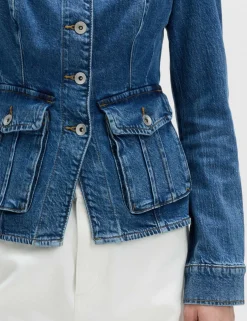 Denim Collarless Fitted Utility Jacket