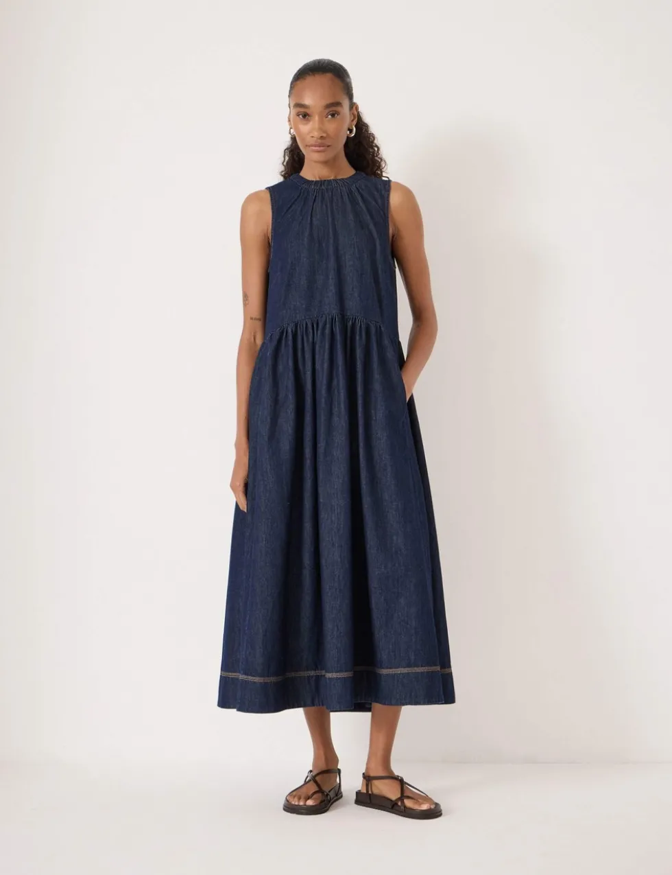 Denim Crew Neck Midaxi Waisted Dress