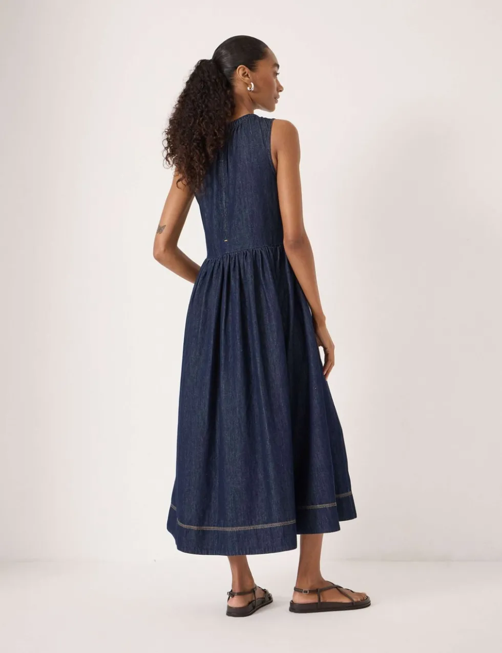 Denim Crew Neck Midaxi Waisted Dress