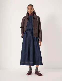 Denim Crew Neck Midaxi Waisted Dress