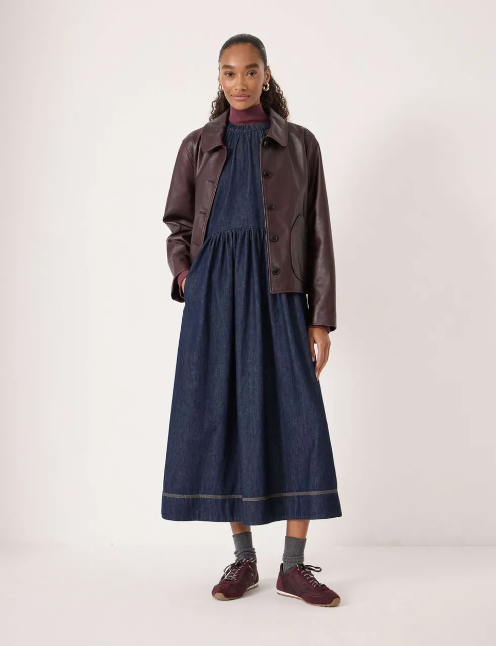 Denim Crew Neck Midaxi Waisted Dress