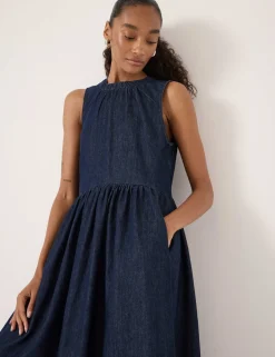 Denim Crew Neck Midaxi Waisted Dress