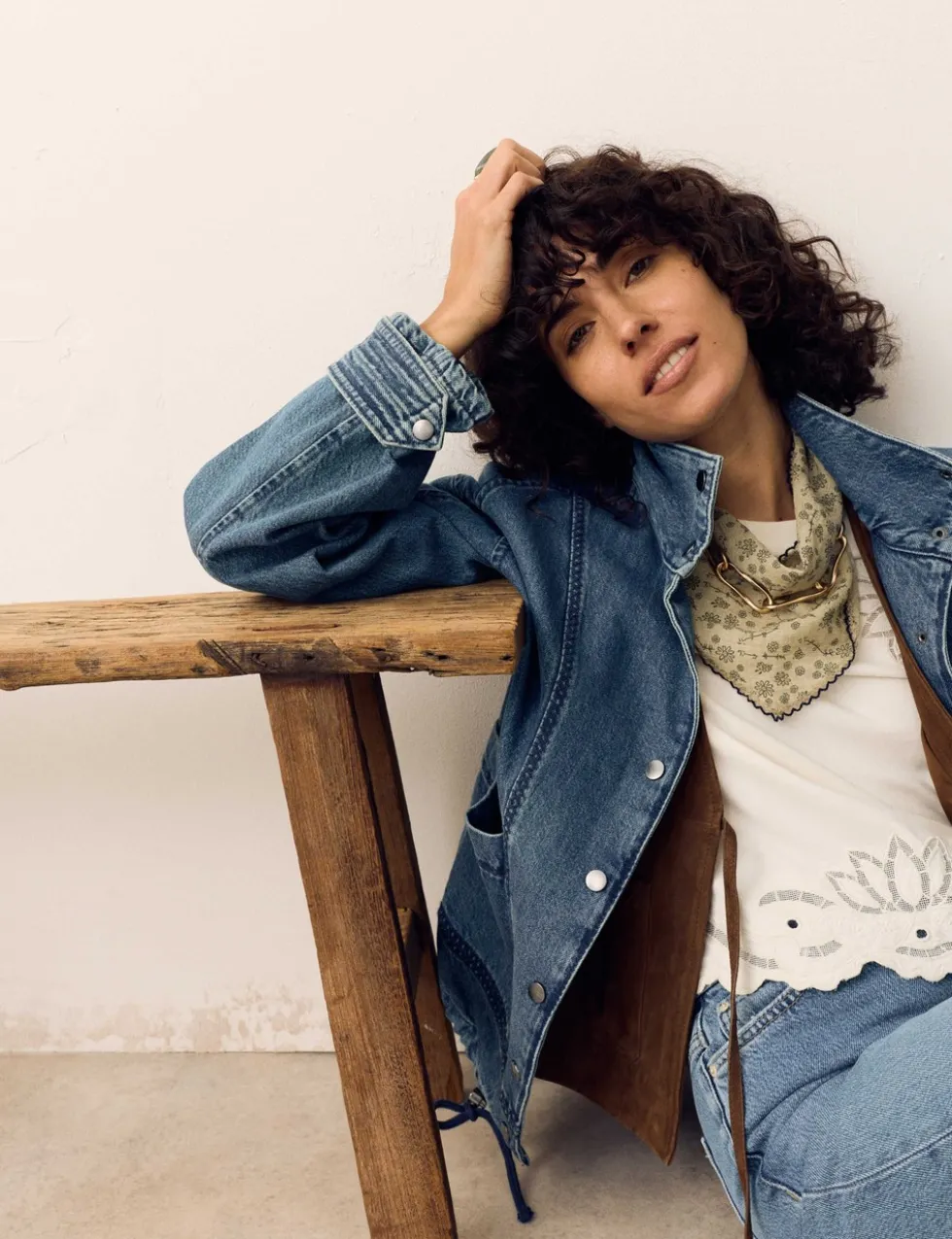 Denim Cross Stitch Casual Utility Jacket