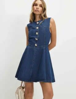 Denim Embellished Button Mini Skater Dress