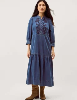 Denim Embroidered Midi Tiered Dress