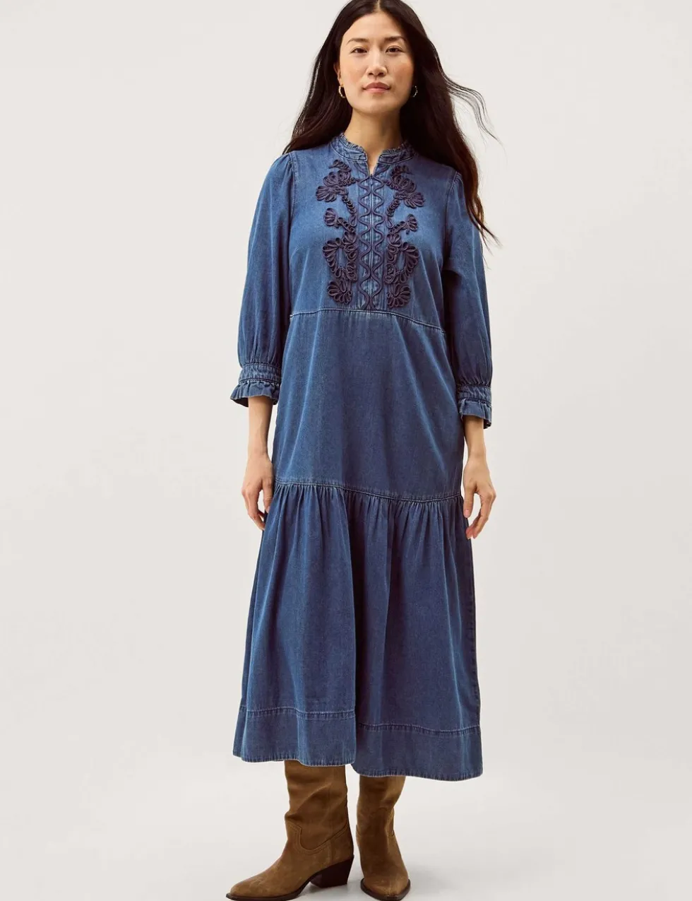 Denim Embroidered Midi Tiered Dress
