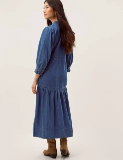 Denim Embroidered Midi Tiered Dress