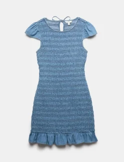 Denim Frill Hem Mini Shirred Dress