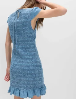 Denim Frill Hem Mini Shirred Dress