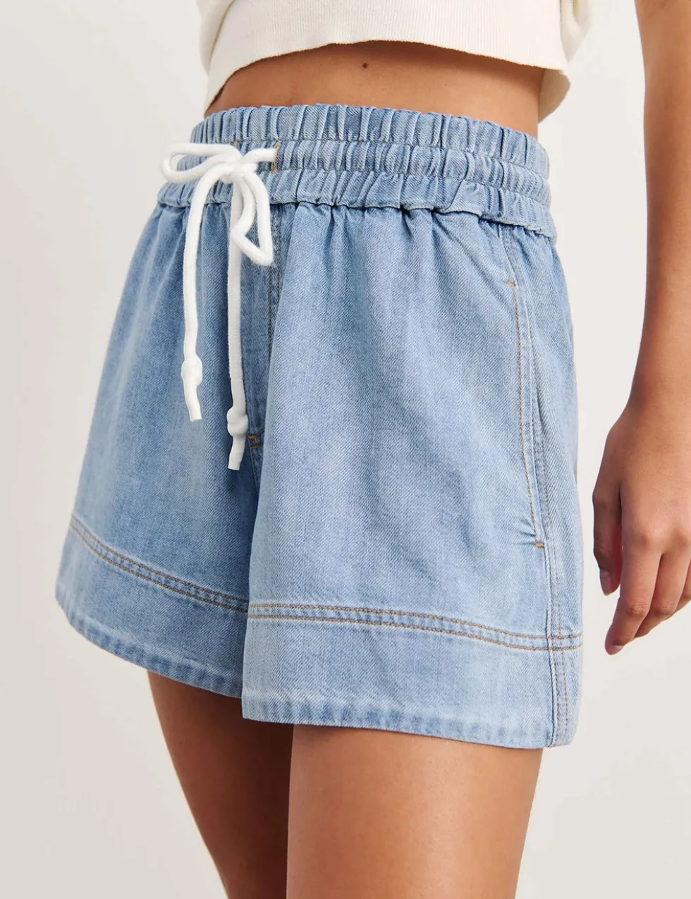 Denim High Waisted Drawstring Shorts