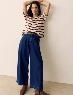 Denim High Waisted Pleat Front Wide Leg Cropped Jeans