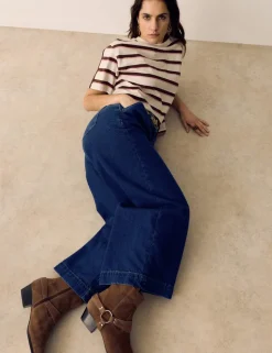 Denim High Waisted Pleat Front Wide Leg Cropped Jeans