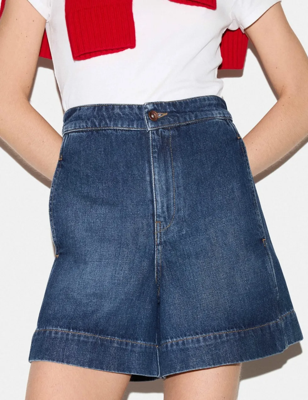 Denim High Waisted Seam Detail Shorts