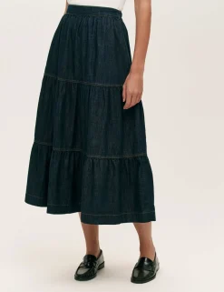 Denim Midi Tiered Skirt