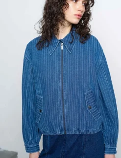 Denim Pinstriped Bomber Jacket