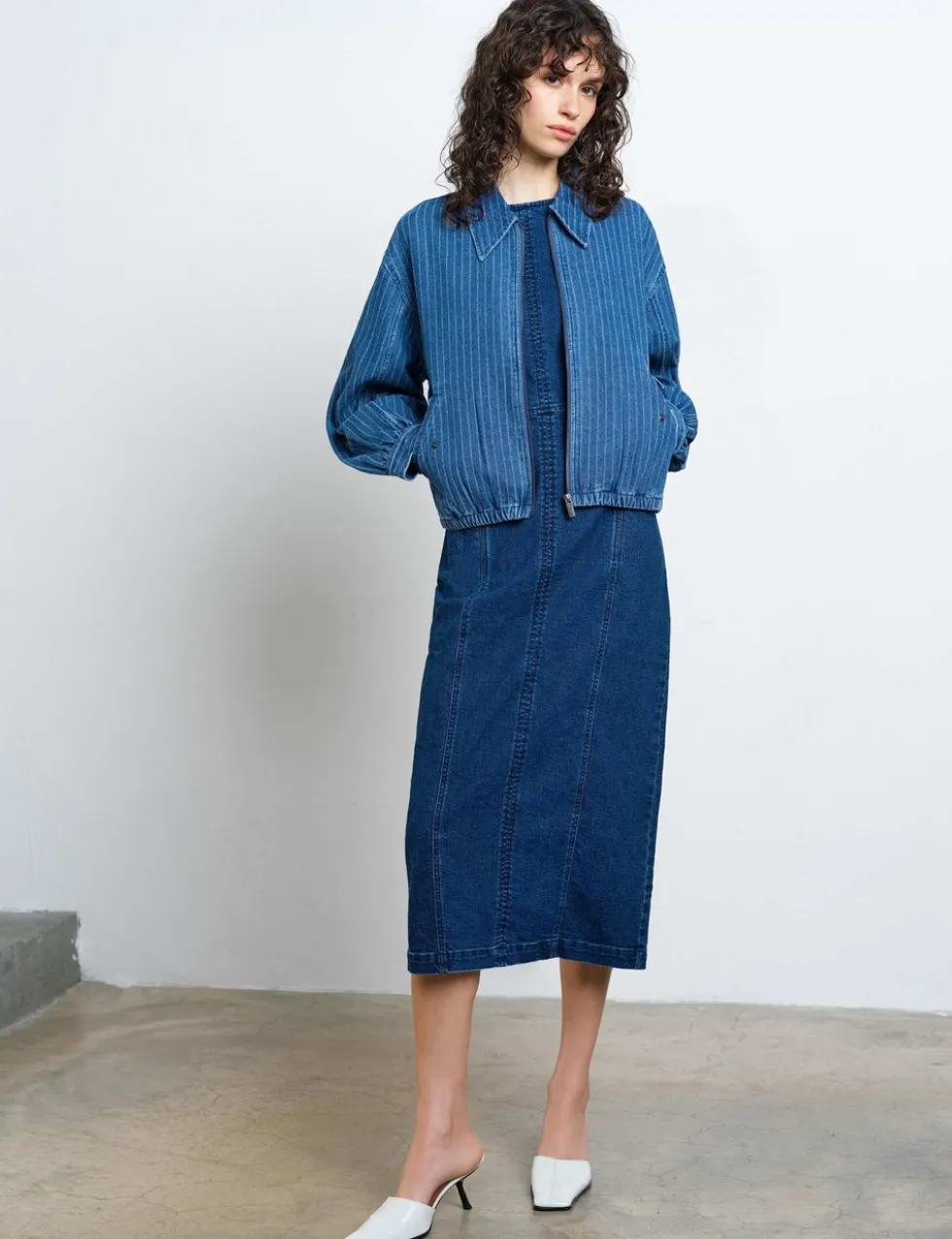Denim Pinstriped Bomber Jacket
